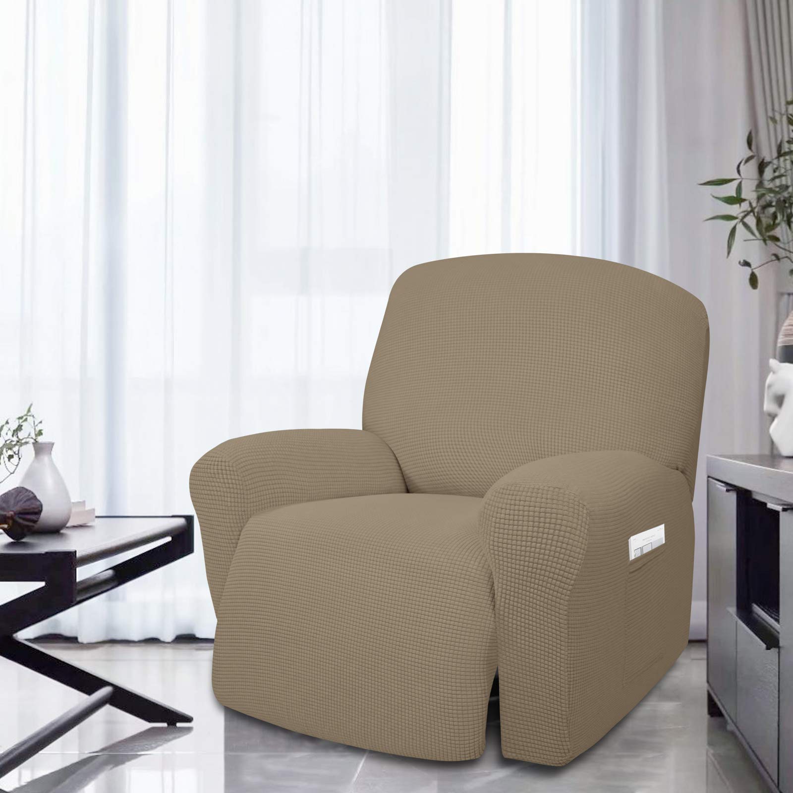 Easy-Going 4 Pieces Oversized Recliner Stretch Sofa Slipcover Sofa Cover Furniture Protector Couch Soft With Elastic Bottom Polyester Spandex Jacquard Fabric Small Checks Natural